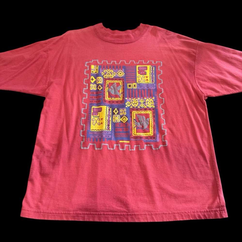Vintage 90s Tribal Ringer T-Shirt Size XL* Pink Southwestern Made in USA Retro